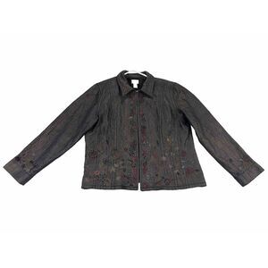 Chicos Womens Sz 2 Long Sleeves Jacket Beaded Sequin Collared Cotton Gray Floral